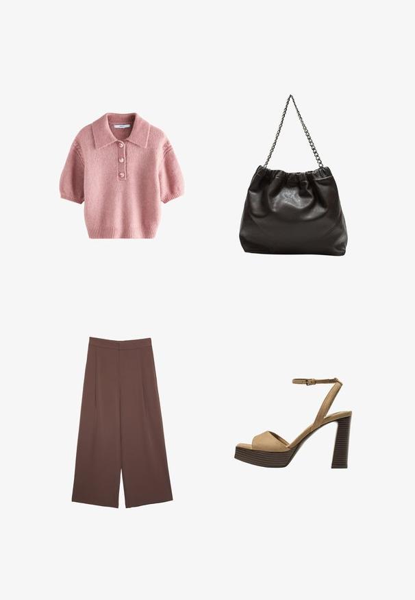 Kurzes, rosa Strickpullover mit Kragen, versehen mit einer Knopfleiste mit vier Knöpfen sowie ribbeligem Saum und Bündchen. Weicher Stoff.; Braune Weite-Leg-Hosen mit einer glatten Textur, hoher Taille und Vorderfalten. Der Stoff ist leicht und fällt locker.; Beige Wildleder-Pumps mit hohem Absatz, breitem Vorderband und Knöchelriemen, ausgestattet mit einem klobigen Holzblockabsatz mit strukturiertem Finish.; Braune Lederhandtasche mit gerafftem Oberteil und Kettenriemen. Glatte Textur mit glänzendem Finish und subtilen Nahtdetails an den Seiten.