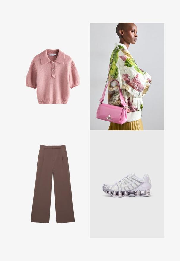 Maglione rosa a maniche corte in maglia con colletto, caratterizzato da una patta con quattro bottoni e bordi e polsini con lavorazione a costine. Texture morbida.; Pantaloni a gamba larga in tessuto marrone uniforme, con una trama liscia, pieghe frontali e una vita su misura. Senza loghi o motivi visibili.; Scarpa sportiva bianca e viola con tomaia in mesh, un design a onde distintivo e grandi pod di ammortizzazione arrotondati nella suola.; Giacca bomber foderata a fiori in verde, rosa e beige; abbinata a una borsa lucida rosa con catena e hardware logo.