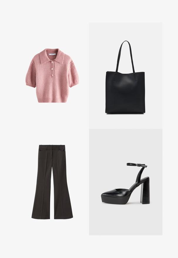 Kurzes, rosa Strickpullover mit Kragen, versehen mit einer Knopfleiste mit vier Knöpfen sowie ribbeligem Saum und Bündchen. Weicher Stoff.; Schwarze, weit geschnittene Hosen mit hoher Taille; verfügt über zwei Fronttaschen und eine glatte Stoffoberfläche. Geeignet für verschiedene Anlässe.; Schwarze Plateau-High Heels mit spitzem Zeh und verstellbarem Knöchelriemen. Gefertigt aus glattem Leder und mit einem klobigen Blockabsatz.; Schwarze Laptoptasche aus Leder mit glatter Textur, rechteckiger Form und zwei langen Griffen. Keine sichtbaren Beschläge oder Verzierungen.