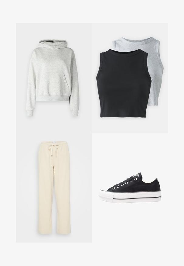 Gina Tricot Petite - Bluza; Even&Odd Petite - Top; Even&Odd Petite - Spodnie materiałowe; Czarne trampki na canvasie z białą gumową podeszwą, okrągłym noskiem, niskim fasonem, metalowymi oczkami oraz teksturowanym noskiem. Cienka czarna linia wzdłuż podeszwy.