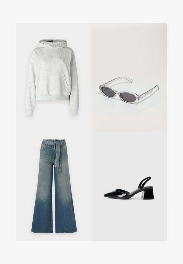 Gina Tricot Petite BASIC ORIGINAL HOODIE - Camisola - grey melange; Calças de ganga de perna larga com um gradiente de azul claro a escuro, cintura alta, passantes para cinto e um cinto de tecido a condizer. Acabamento em ganga texturizada.; Sandy em verniz preto com salto slingback, ponta afilada e salto geométrico. Apresenta um design elegante e minimalista com textura suave.; Óculos de sol com formato oval, armação de plástico transparente, lentes cinza-escuro e hastes finas transparentes com detalhes do logótipo e um design minimalista.; Saco hobo preto em pele com uma textura lisa, forma curva e uma única alça ajustável; apresenta uma abertura larga na parte de cima.