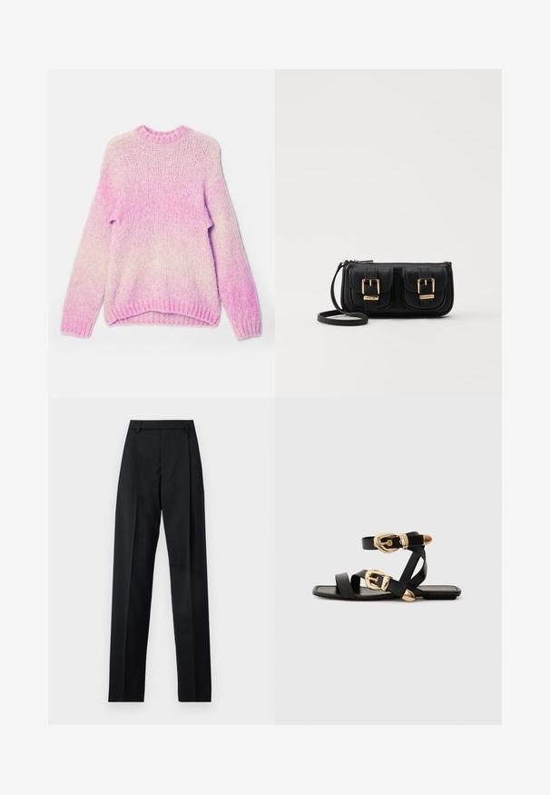 Light pink knitted sweater with a gradient effect, featuring long sleeves, a round neckline, and ribbed cuffs and hem. Textured yarn.; Black trousers made from smooth fabric featuring a high waist, wide legs, front pleats, and classic belt loops. No side pockets visible.; Black leather sandals with gold buckle accents, featuring multiple straps and a flat sole design for open-toe wear.; Black leather crossbody bag with two front pockets, gold buckles, zipper closure, and a slim strap. Textured surface and compact rectangular shape.