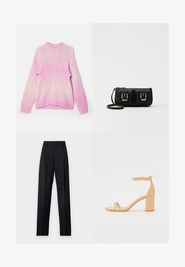 Gaiši rozā adīts džemperis ar gradienta efektu, ar garām piedurknēm, apaļu kakla izgriezumu un ribotām aprocēm un apakšu. Teksturēta dzija.; Melnas bikses, izgatavotas no gludas auduma, ar augstu vidukli, platiem bikšu galdniekiem, priekšējiem krokām un klasiskām jostu cilpām. Sānu kabatas nav redzamas.; Nude lakotas ādas augstpapēžu sandalēs ar kvadrāta purngalu, potītes siksniņu un masīlu bloku papēdi. Gluda tekstūra un minimāla dizaina detaļas.; Melnas ādas crossbody soma ar divām priekšējām kabatām, zelta sprādzēm, ar rāvējslēdzēju aizdari un šauru siksnu. Strukturēta virsma un kompakta taisnstūra forma.