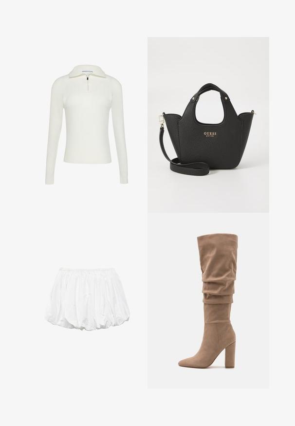 Witte geribbelde gebreide trui met een half-rits kraag, voorzien van lange mouwen en een nauwsluitend ontwerp. Soepele textuur met subtiele stikseldetails.; Witte blouse met lange mouwen, klassieke kraag en rechte snit. Gemaakt van glad, lichtgewicht stof. Geen patronen of accenten.; Witte katoenen ballonshorts met een elastische tailleband en een geplooid ontwerp, met een gladde textuur en ronde vorm.; Anna Field Laarzen - beige; Zwarte getextureerde handtas met korte handgrepen en een afneembare schouderband. Voorzien van een gouden logo-accent. Compacte, gestructureerde vorm.
