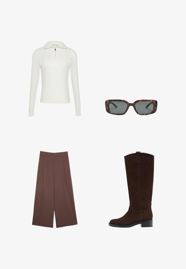 Biały sweter z prążkowanej dzianiny z kołnierzem na pół zamek, posiadający długie rękawy i dopasowany krój. Gładka tekstura z subtelnymi detalami szycia.; Brązowe spodnie o szerokich nogawkach z gładką fakturą, z wysokim stanem i plisami z przodu. Materiał jest lekki i luźno opada.; Brązowe zamszowe kozak z zaokrąglonym noskiem, subtelnymi przeszyciami i niskim słupkowym obcasem; mają pętelkę na górze, co ułatwia zakładanie.; Okulary przeciwsłoneczne w kratkę w kształcie prostokątnym, z grubymi oprawkami i ciemnymi szkłami. Gładka faktura i minimalistyczny design.