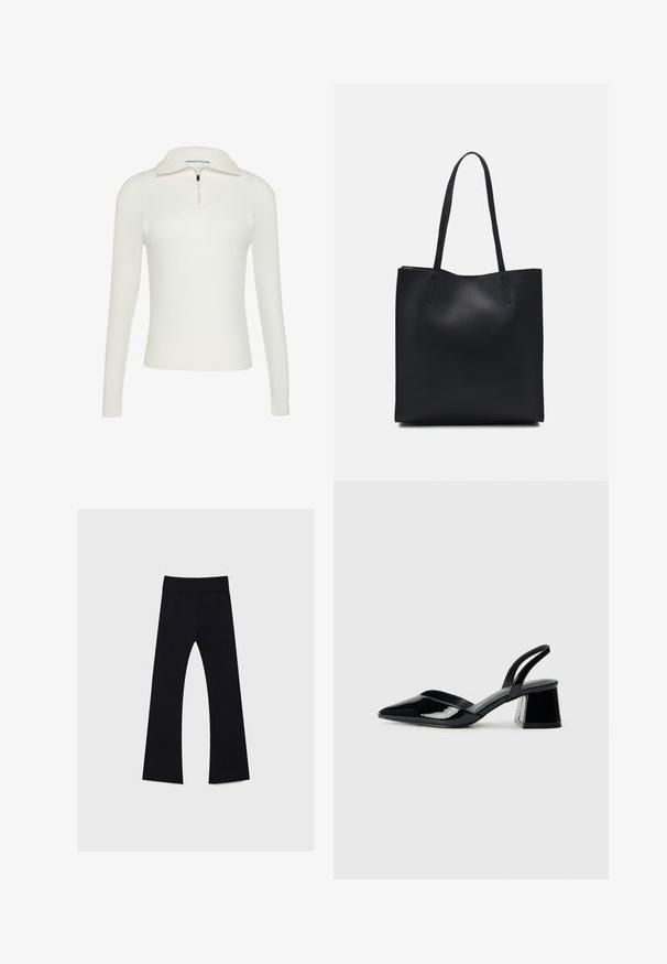 White ribbed knit sweater with a half-zip collar, featuring long sleeves and a fitted design. Smooth texture with subtle stitching details.; Black yoga pants with a high waistband, made of stretchy fabric, featuring a flared leg design and smooth texture throughout.; Black patent leather slingback heels with a pointed toe and a geometric block heel. Features a sleek, minimal design and smooth texture.; Black leather tote bag with smooth texture, rectangular shape, and two long handles. No visible hardware or embellishments.
