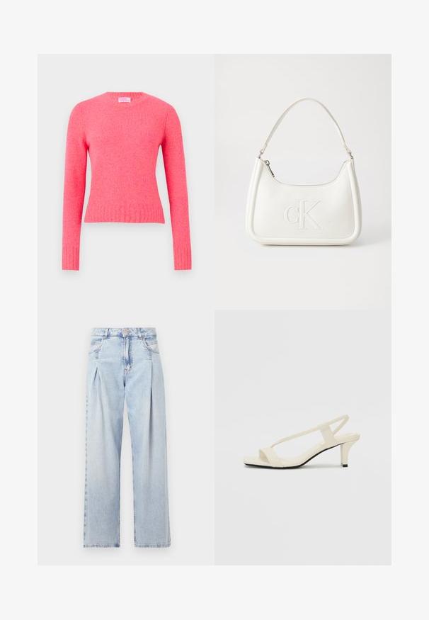 Rozā adīta džemperis ar garām piedurknēm, apaļu kakla izgriezumu un ribotām piedurknēm un apakšmalu. Vienmērīga tekstūra ar nelielu heather efektu.; Gaiši zilas džinsu bikses ar augstu jostasvietu, plats kāju griezumu, divām sānu kabatām un krokotā dizaina akcentiem. Mīksta tekstūra ar izdilušu apdari.; Beige bloku papēžu sandales ar plānām siksnām un kvadrāta formas purngalu. Gluda materiāla virsma ar minimālām detaļām, paredzētas ērtai nēsāšanai.; Balta ādas rokassoma ar noapaļotu formu, uz kuras priekšpuses ir izgriezts "CK" logo un viena plecu siksna. Augšā aizverama ar rāvējslēdzēju.