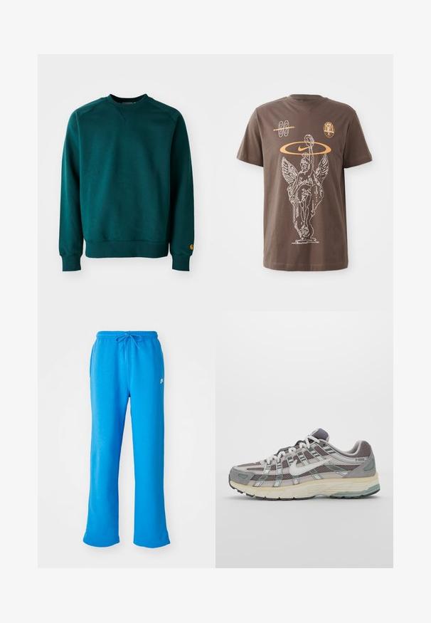 Sötét teal színű pulóver V-kivágással, bordázott mandzsettával és szegéllyel. Puha anyagból készült, bal ujjon egy kis logóval díszítve.; Barna pamut póló, amelyen fehér körvonalú grafika látható egy szárnyas szoborról, a Nike logó és absztrakt formák narancssárgában, rövid ujjakkal és kerek nyakkivágással.; Kék, puha anyagú melegítőnadrág, laza szabással, rugalmas derékpánttal és zsinórral, bal oldalon egy kis fehér logóval.; Szürke sportcipő, hálós és velúr felsőrésszel, fehér részletekkel, párnázott talppal és jellegzetes dizájnnal, amely visszaverő elemeket tartalmaz.