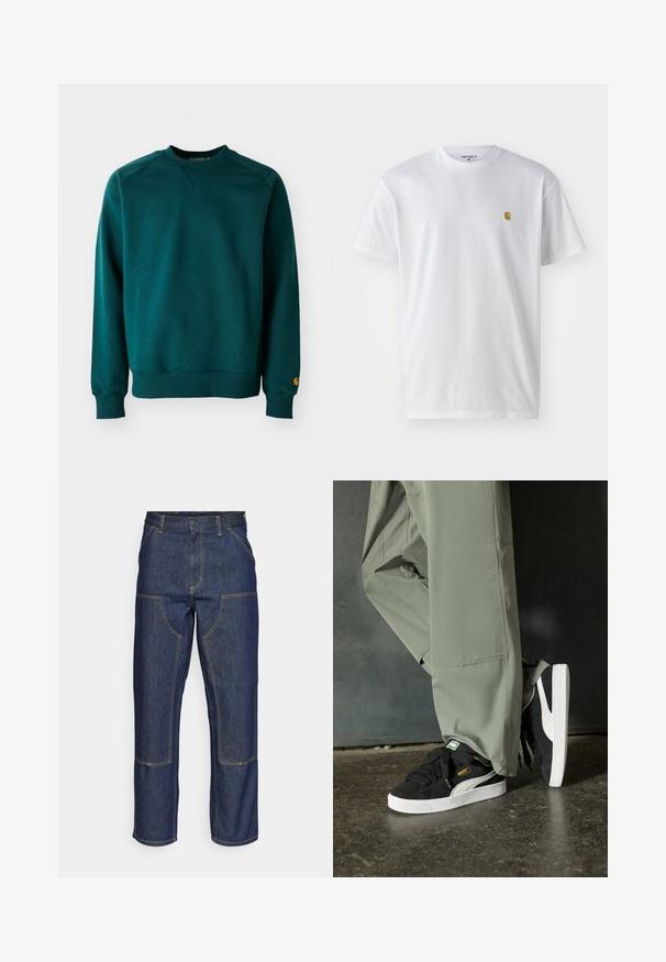 Sudadera de un verde azulado oscuro con cuello en V, puños y dobladillo acanalados. Fabricada con una tela suave, presenta un pequeño logo en la manga izquierda.; Camiseta de algodón blanca con mangas cortas, cuello redondo, que presenta un pequeño logo dorado en la parte izquierda del pecho. Textura suave y corte regular.; Jeans de mezclilla azul oscuro con cintura alta, diseño de pierna recta, costuras contrastantes y bolsillos de parche en la parte delantera.; Zapatillas de ante negras con suelas de goma blancas y rayas laterales, combinadas con pantalones cargo verde claro, de pie sobre una superficie oscura texturizada.
