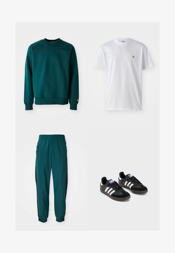 Mørkegrønn sweatshirt med V-hals, ribbede mansjetter og kant. Laget av myk stoff, med en liten logo på venstre erme.; Hvit bomull t-skjorte med korte ermer, rund hals, med en liten gulllogo på venstre brystområde. Myk tekstur og vanlig passform.; Teal idrettsbukser med snor i midjen, elastiske mansjetter og svarte striper på siden. Laget av lett materiale, med en logo nær hoften.; Svarte sneakers med overdel i semsket lær og syntetisk materiale, med tre hvite striper, strukturert gummisåle og blå logoetikett på tungen.