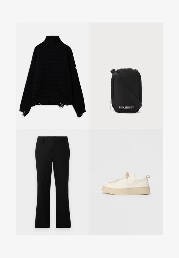 Sweater preto de malha com gola alta canelada, padrão riscado e bainhas desgastadas. Apresenta mangas longas e um corte descontraído.; Calças flare pretas feitas de um tecido de algodão misto, com fecho de botão, passantes para cinto e uma textura suave sem padrões visíveis.; Sneakers de pele branca com detalhes em bege, apresentando um bico arredondado, atacadores planos, uma sola grossa e um detalhe cosido à volta da base.; Saco preto com forma retangular, feito de material liso. Apresenta um fecho de correr em cima, uma alça ajustável e texto branco: "HAN KJØBENHAVN."