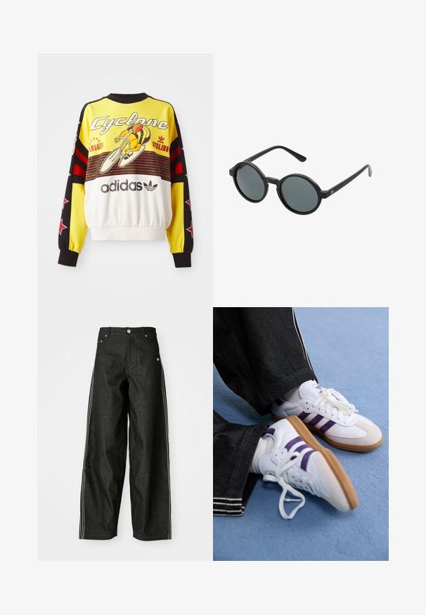 Rumena majica s kapuco z črnimi in rdečimi poudarki. Ima grafiko kolesarja in besedilo "Cyclone". Narejena je iz mehke tkanine, s nabrano obrobo.; Črne denim široke hlače s belimi stranskimi črtami, ki imajo sprednje žepe, gumbasto zapiranje in diskreten logotip blizu pasu.; Bele atletske čevlje bele barve s purpurnimi črtami in rjavimi gumijastimi podplati, opremljeni z okroglimi vezalkami in oblazinjenim ovratnikom. Nosijo se s temnimi džins hlačami.; Okrogle sončna očala z črnim plastičnim okvirjem in temnosivimi lečami. Imajo tanke, ravne ročice z minimalističnimi poudarki.