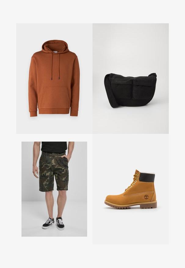 Jack & Jones JJEBRADLEY HOOD - Mikina - mocha bisque; Camo cargo šortky s cargo kapsami, vyrobené z tkané látky v zelených a hnědých odstínech. Vyzbrojené černými teniskami s bílými tkaničkami.; Hnědá kožená kotníková bota s kovovými očka, bílou kožešinovou podšívkou, černým polstrovaným límcem, robustní podrážkou a raženým logem na boku.; Černá kordurová crossbody taška s nastavitelným popruhem, která má přední kapsy a měkkou texturu. Kompaktní design s minimálním zdobením.