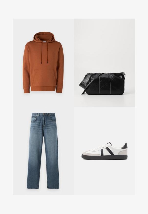 Jack & Jones JJEBRADLEY HOOD - Sweatshirt - mocha bisque; Straight-leg blue denim jeans with a faded wash, featuring five-pocket design, metal button, and belt loops. Structured, medium-weight fabric.; White sneaker with black and gray accents, featuring a textured gray toe cap, black rubber sole, and flat white laces. Clean design, minimalist style.; Black leather shoulder bag with a zip closure, featuring a textured body, white stitching, and a strap with silver grommets.