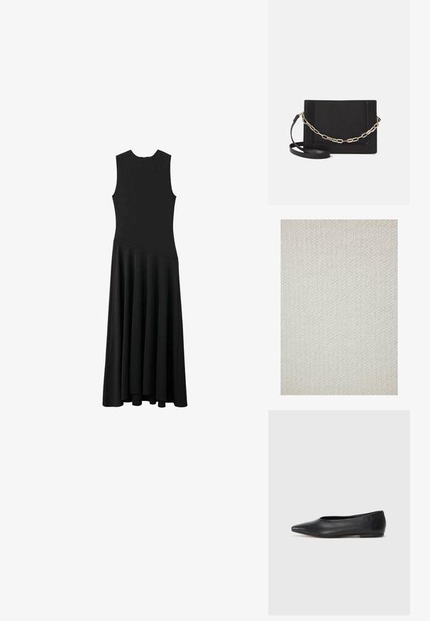 Tessuto lavorato a maglia di colore bianco sporco, con una trama fine e un motivo uniforme. Il materiale appare morbido e flessibile, adatto per abbigliamento o tessuti per la casa.; Abito maxi senza maniche nero con busto aderente e gonna svasata, caratterizzato da una texture liscia e un design minimalista, senza chiusure visibili.; Ballerine in pelle nera, punta affusolata, design minimalista, texture liscia, tacco basso, senza hardware o decorazioni visibili.; Borsa a tracolla nera in pelle con una texture liscia, forma rettangolare e dettaglio in catena metallica sul davanti. Inclusa una tracolla regolabile.