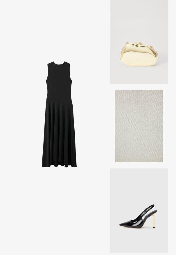 Pletena tkanina v off-white barvi z fino teksturo in enakomernim vzorcem. Material se zdi mehak in fleksibilen, primeren za oblačila ali domače tekstilije.; Črna brezrokavna maksi obleka s telesno oblikovanim korzetom in razširjeno krilo, ki ima gladko teksturo in minimalističen dizajn, brez vidnih zapiranj.; Črne patentne kožne slingback visoke petne čevlje s koničastim nosom in zlatim kvadratnim poudarkom na peti. Imajo prilagodljiv gležni trak.; Metalna zlata torbica z gladko, zaobljeno obliko, opremljena z zgornjim gumbom in majhnim verižnim ročajem za nošenje.