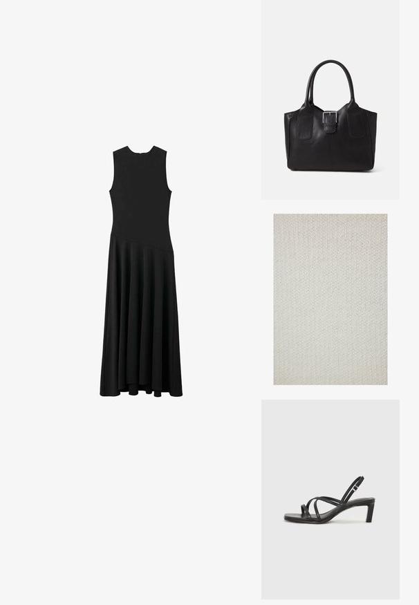 Pleteni materijal u boji bijele kave s finom teksturom i ravnom shemom. Materijal izgleda mekano i fleksibilno, pogodan za odjeću ili kućne tekstilne proizvode.; Crna maksi haljina bez rukava sUskim tijelom i lepršavom suknjom, s glatkom teksturom i minimalističkim dizajnom, bez vidljivih kopčanja.; Crne sandale s trakama, kvadratnim prstom i niskom blok petom. Ima više tankih trakica i podesivu trakicu oko gležnja. Izrađene su od glatke kože.; Crna kožna torba za nošenje s glatkom teksturom, strukturiranim oblikom, dvije ručke i istaknutim srebrnim kopčanjem na prednjoj strani.