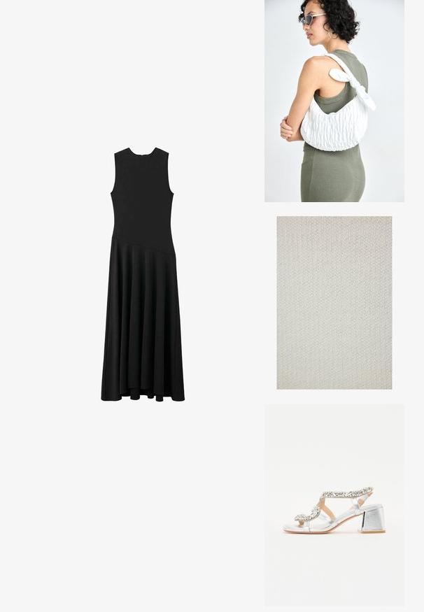 Neulottu kangas häivytetyn valkoisena, hienolla tekstuurilla ja tasaisella kuviolla. Materiaali vaikuttaa pehmeältä ja joustavalta, sopii vaatteisiin tai kodintekstiileihin.; Musta hihaton maxi-mekko, jossa on tiukka yläosa ja levenevä helma. Mekossa on sileä pinta ja minimalistinen muotoilu ilman näkyviä kiinnityksiä.; Hopeatapit sandaalit, joissa on koristeellinen hihna kirkkailla timanteilla, avoin kärki ja laatikkokorko. Sujuva metallinen pinta.; Valkoinen tilkkuherne laukku, jossa on sileä pinta ja solmittu nauhakoriste, kannetaan olkapäällä. Mallilla on yllään oliivinvihreä mekko, jossa on kaareva kaula-aukko.