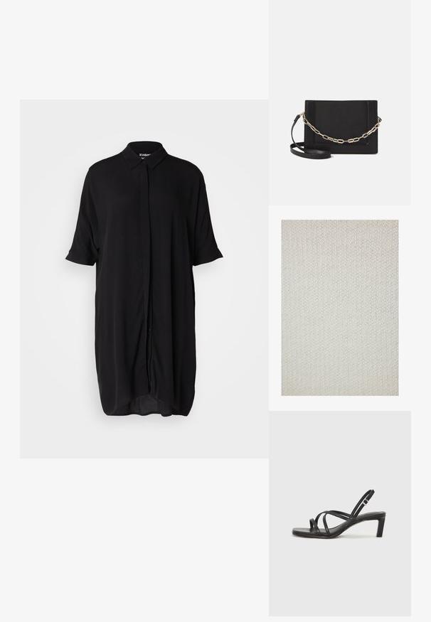 Adīts audums bēšā krāsā ar smalku tekstūru un vienmērīgu rakstu. Materiāls izskatās mīksts un elastīgs, piemērots apģērbam vai mājas tekstilam.; Melnas, īsām piedurknēm krekla kleita, izgatavota no viegla auduma. Rūpīgi izstrādātas iezīmes ietver apkakli, pogu priekšpusi un brīvu, pagarinātu siluetu.; Melnas strappy sandales ar kvadrātveida purngaliem un zemu bloku papēdi. Ievērojamas ar vairākiem plāniem siksniņām un regulējamu potītes siksniņu. Izgatavotas no gludas ādas.; Melna ādas crossbody soma ar gludu faktūru, taisnstūrveida formu un metalizētu ķēdes detaļu priekšā. Iekļauta regulējama siksna.