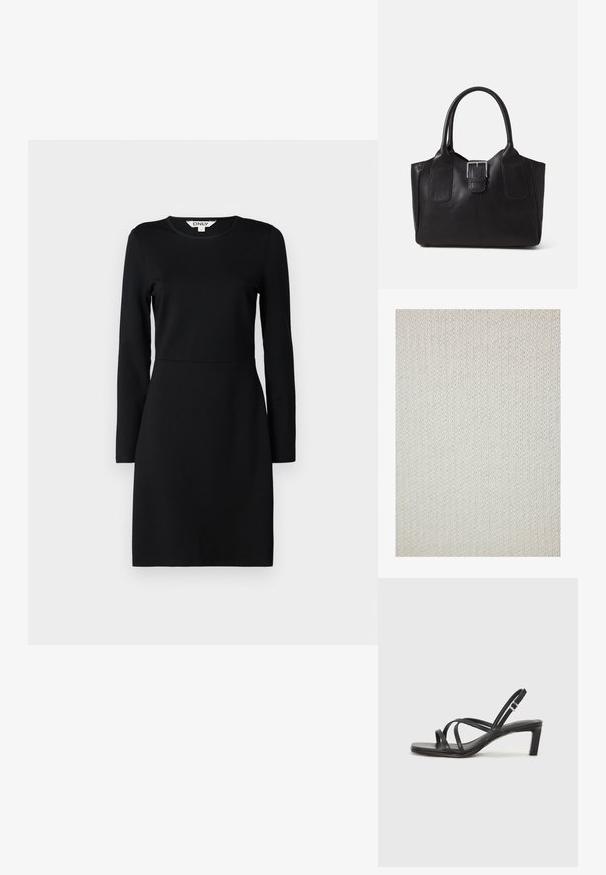 Pletena tkanina v off-white barvi z fino teksturo in enakomernim vzorcem. Material se zdi mehak in fleksibilen, primeren za oblačila ali domače tekstilije.; Črna dolga obleka z dolgimi rokavi in okroglim izrezom. Prilegajoča silhueta z šivom na pasu. Mehak material, gladka tekstura. Brez vzorcev ali okraskov.; Črne natikače s trakovi in kvadratnim prstom ter nizkim blokastim peto. Imajo več tankih trakov in nastavljiv trak okoli gležnja. Narejene so iz gladkega usnja.; Črna usnjena torba s gladko teksturo, strukturirano obliko, dvema ročkama in izrazitim srebrnim sponko na sprednji strani.