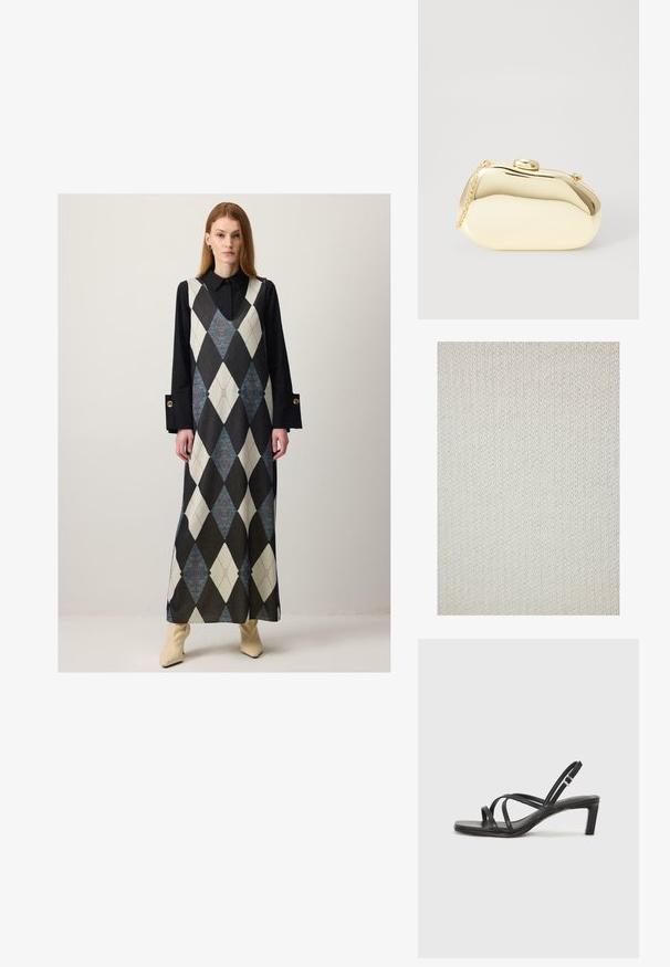 Knitted fabric in off-white with a fine texture and even pattern. Material appears soft and flexible, suitable for clothing or home textiles.; Woman wearing long sleeveless argyle-patterned dress over black collared shirt and beige heeled boots, standing against plain white wall.; Black strappy sandal with a square toe and a low block heel. Features multiple thin straps and an adjustable ankle strap. Made of smooth leather.; Metallic gold clutch with a smooth, rounded shape, featuring a top button clasp and a small chain strap for carrying.