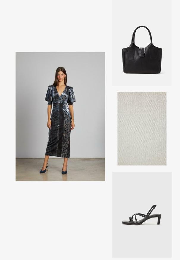 Pletená tkanina v off-white s jemnou strukturou a rovnoměrným vzorem. Materiál se jeví jako měkký a flexibilní, vhodný pro oděvy nebo domácí textilie.; Žena stojící v modrých sametových midi šatech s nabíranými rukávy a hlubokým výstřihem do V, na sobě má odpovídající modré lodičky na podpatku se zapínáním vzadu.; Černé sandály na tenkém podpatku se čtveratou špičkou a nízkým blokovým podpatkem. Mají několik tenkých popruhů a nastavitelné zapínání okolo kotníku. Vyrobeny z hladké kůže.; Černá kožená tote taška s hladkým povrchem, strukturovaným tvarem, dvěma uchy a výrazným stříbrným detailem s přezkou na přední straně.