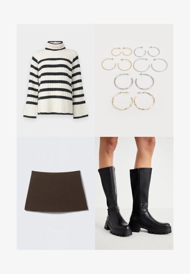 Maglione a collo alto a righe in crema e nero, con una texture a coste, maniche ampie e un colletto alto. Strisce orizzontali su tutto il corpo.; Top a coste, off-the-shoulder, di colore verde pallido, con un ampio collo ripiegato e una forma aderente e attillata, realizzato in un materiale elasticizzato.; Gonna marrone a righe sottili con design aderente, texture liscia e orlo svasato, ideale per un look su misura.; Stivali neri al ginocchio realizzati in morbida pelle sintetica, con una suola spessa, chiusura laterale a zip e puntale arrotondato.; Set di dodici orecchini a cerchio in tonalità argento e oro. Include design attorcigliati, lisci e testurizzati con varie dimensioni e finiture.