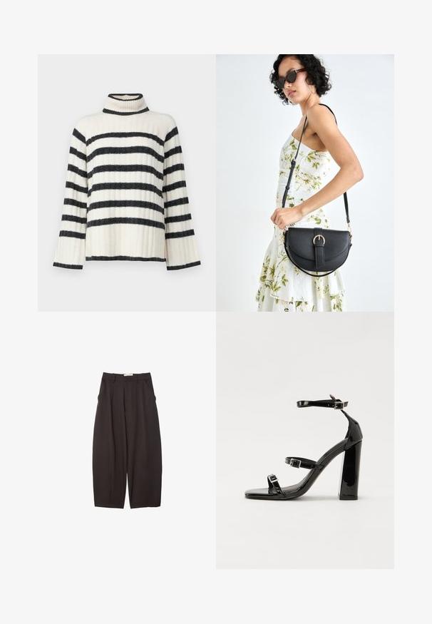 Prugasti pulover s visokim vratom u krem i crnoj boji, s rebrastom teksturom, širokim rukavima i visokim ovratnikom. Horizontalne pruge duž tijela.; Crne široke hlače napravljene od glatke tkanine, s visokim strukom, prednjim nabranjima i bočnim džepovima. Jednostavan dizajn bez ukrasa.; Crne lakirane sandale na visoku petu s dva remena s kopčama, kvadratnim vrhom i masivnom blok petom, s glatkom, sjajnom teksturom.; Crna kožna torba s lukovitim oblikom, odvojivim remenom i zlatnim detaljima. Torba ima preklop s kopčom.