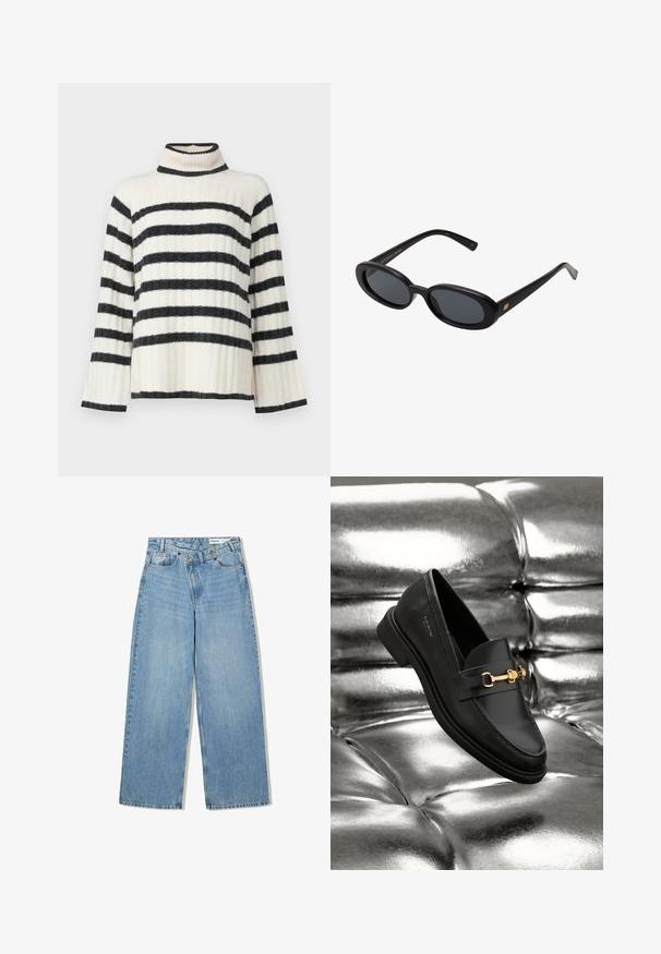 Maglione a collo alto a righe in crema e nero, con una texture a coste, maniche ampie e un colletto alto. Strisce orizzontali su tutto il corpo.; Jeans azzurri a gamba larga realizzati in denim, con vita alta, cinque tasche, chiusura a bottone e una leggera scoloritura per aggiungere texture.; Mocassino in pelle nera con dettagli in metallo dorato. La scarpa presenta un design elegante e una texture liscia e lucida.; Occhiali da sole neri oversize con lenti ovali, montatura in plastica liscia e accenti dorati sulle tempie. Le lenti scure offrono protezione dal sole.; Borsa hobo di un morbido marrone con una sola tracolla larga e un'apertura a manico curvo, esposta su uno sfondo bianco.
