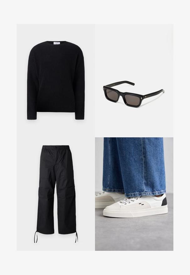 Filippa K RELAXED SWEATER - Stickad tröja - black; Svarta cargo-byxor gjorda av lätt tyg, med breda ben, elastisk midja och justerbara dragsnören vid muddarna. Två sidofickor.; Vita och svarta sneakers med en slät läderöverdel, texturerade detaljer och en kraftig vit sula. Har en klassisk snörningsdesign.; Svarta rektangulära solglasögon med mörka linser, tjock plastbåge, guldfinish på skalmarna och varumärkeslogotyp graverad på armen.