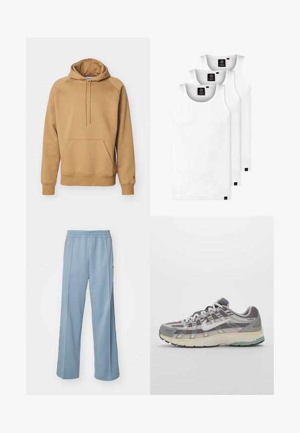 Brūns džemperis ar mīkstu audumu, ar priekšējo kenguru kabatu, regulējamu kapuci ar auklu un ribotām piedurknēm un apakšmalu.; Trīs baltas ribotas krūšturi, kas izgatavoti no kokvilnas. Iezīmēti ar apaļu kakla izgriezumu un maziem melniem etiķetēm tuvu apakšmalai. Pieejami vairākos izmēros.; Carhartt WIP BOLAN PANT - Treniņtērpa apakšdaļas - dusty ice/positano; Pelēkie sporta apavi ar tīkla un zamša augšdaļu, baltiem akcentiem, mīkstinātu zoli un izcilu dizainu ar atstarotājiem.