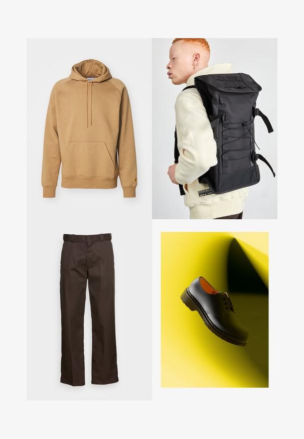 Brązowa bluza z kapturem wykonana z miękkiego materiału, z przednią kieszenią typu kangur, regulowanym kapturem ze sznurkiem oraz ribbą na mankietach i dolnej krawędzi.; Brązowe spodnie o prostym kroju, z płaskim przodem, szlufkami na pasek i gładką fakturą. Prosty design bez wzorów czy akcentów.; Czarna skórzana shoe z zaokrąglonym noskiem i czterema oczkami. Posiada teksturowaną podeszwę oraz pomarańczowe wnętrze. Ustawiona na żółtym tle.; Czarny plecak o smukłym designie, z teksturowanym wykończeniem, regulowanymi paskami oraz elastycznymi sznurkami z przodu dla dodatkowej przestrzeni do przechowywania.