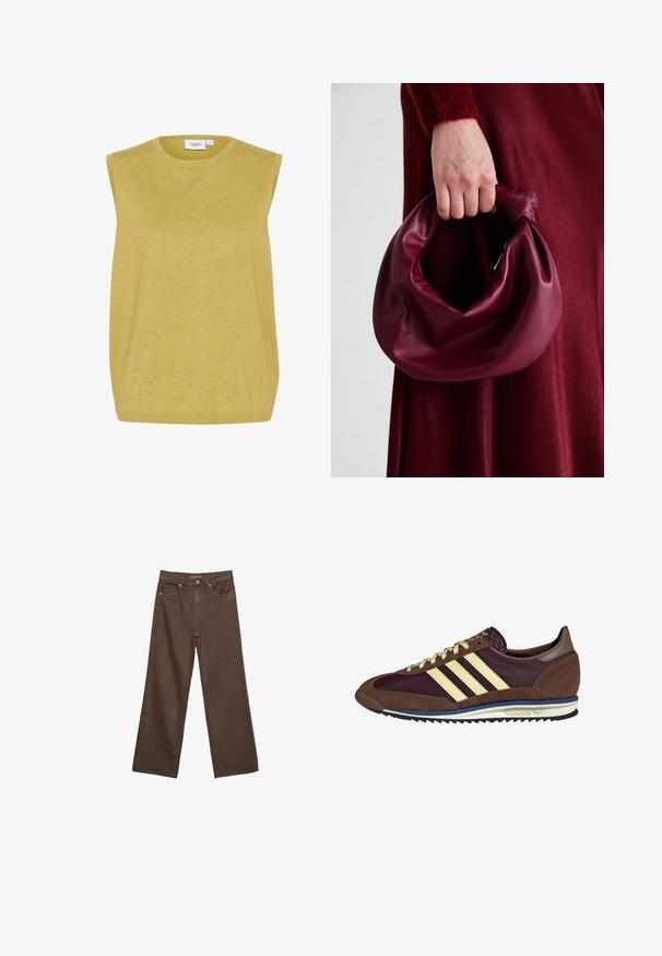 Saint Tropez MILA - Pulover - burnished gold melange; Široke rjave kavbojke iz denima, ki imajo visok pas, sprednje žepe in klasično zapiranje na gumb. Gladka tekstura s subtilnim šivom.; Rjavi in rdeče-burgundske teniske iz usnja in mrežastega materiala, ki imajo tri smetane stripe, teksturirano blago na jeziku in gumijast podplat.; Bordo usnjeni ročni torbici s mehak, nabrana zasnova in okrogla oblika. Ročaj je varen in prikazuje gladko teksturo.