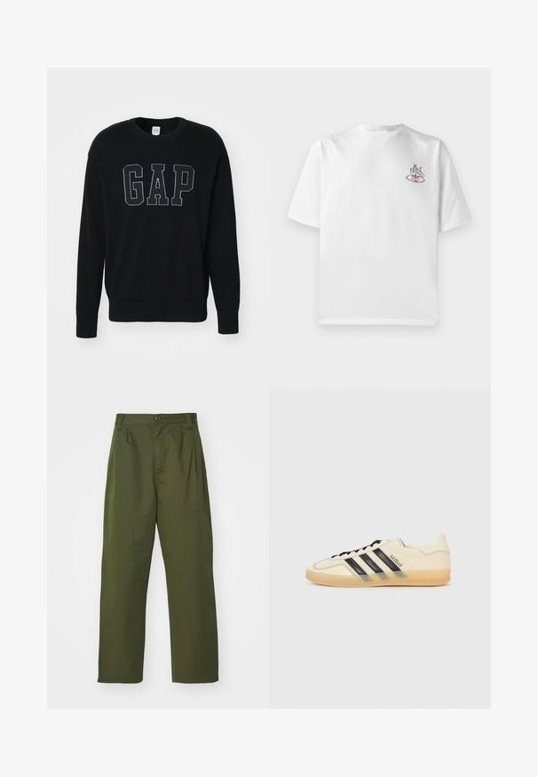 GAP LOGO INTARSIA CREW - Strickpullover - black; Weißes Baumwoll-T-Shirt mit kurzen Ärmeln, das auf der linken Brustseite ein kleines pinkes und schwarzes Kaffeetassen-Graphic zeigt.; Olivgrüne, hochgeschnittene Hose mit geradem Bein. Hergestellt aus einem leichten Stoff, mit Vorderfalten und einem Knopfverschluss.; Helle Creme Sneaker mit schwarzem Drei-Streifen-Design, strukturiertem Obermaterial, runder Zehenpartie und Gummisohle. Verfügt über Schnürsenkel und Branding an der Seite.