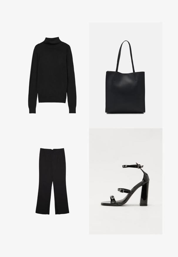 Schwarzer Rollkragenpullover aus weichem Material, mit langen Ärmeln, einem engen Kragen und gerippten Bündchen für einen strukturierten Look.; Schwarze Hose mit geradem Schnitt, ausgestattet mit Fronttaschen und Seitenschlitzen am Saum. Hergestellt aus weichem, glattem Stoff. Geeignet für verschiedene Anlässe.; Schwarze patentierte Sandalen mit Absatz, quadratischer Spitze, Knöchelriemen und silbernen Schnallen. Mit einem stabilen Blockabsatz für mehr Stabilität.; Schwarze Laptoptasche aus Leder mit glatter Textur, rechteckiger Form und zwei langen Griffen. Keine sichtbaren Beschläge oder Verzierungen.