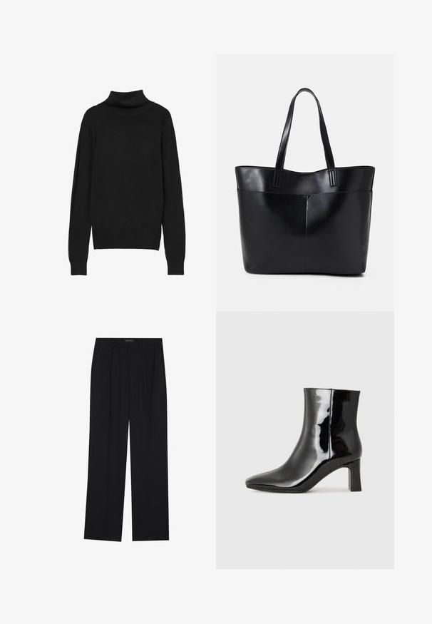 Schwarzer Rollkragenpullover aus weichem Material, mit langen Ärmeln, einem engen Kragen und gerippten Bündchen für einen strukturierten Look.; Schwarze Hose mit geradem Bein, ausgestattet mit zwei frontalen Taschen und einem Taillenbund. Hergestellt aus einem glatten, leichten Stoff.; Schwarzer Lackleder-Stiefelette mit spitzer Zehe und einem mittelhohen Blockabsatz. Glatte Textur und minimalistisches Design.; Schwarze Leder-Shopper-Tasche mit zwei langen Griffen, einer glatten Textur und einer strukturierten Form. Verfügt über eine Vordertasche für zusätzlichen Stauraum.