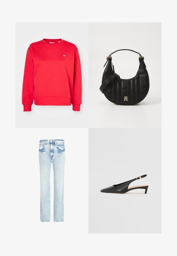 Červená bavlnená mikina s okrúhlym výstrihom, dlhými rukávmi, ribovanými manžetami a spodným lemom, s malým logom na hrudi.; Svetlomodré riflové nohavice so strihom rovného nohu, s piatimi vreckami a vyblednutou textúrou. Obsahujú viditeľné švy a klasické zapínanie na gombík.; Čierne kožené sandále na podpätku s špicatou špičkou, nízkym podpätkom a nastaviteľným členkovým remienkom s pozlátenou prackou. Hladký povrch.; Čierna kožená kabelka so zakriveným tvarom, prešitým povrchom a zlatými kovovými doplnkami. Obsahuje odnímateľný ramenný popruh a detail s logom.