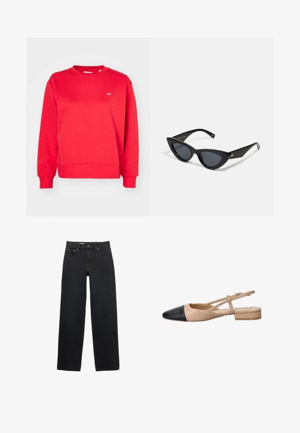 Felpa rossa in cotone con collo rotondo, maniche lunghe, polsini e orlo a coste, con un piccolo logo sul petto.; Jeans neri a gamba larga realizzati in denim, con cinque tasche, chiusura a bottone, cuciture sottili e una linea diritta dalla vita all'orlo.; Scarpa slingback bicolore beige e nera con punta affilata, tacco piatto e dettaglio a fascia incrociata. Texture in pelle liscia.; Occhiali da sole a forma di occhio di gatto con una montatura in plastica nera lucida, lenti scure e dettagli in oro sulle tempie. Design angolare con linee eleganti.