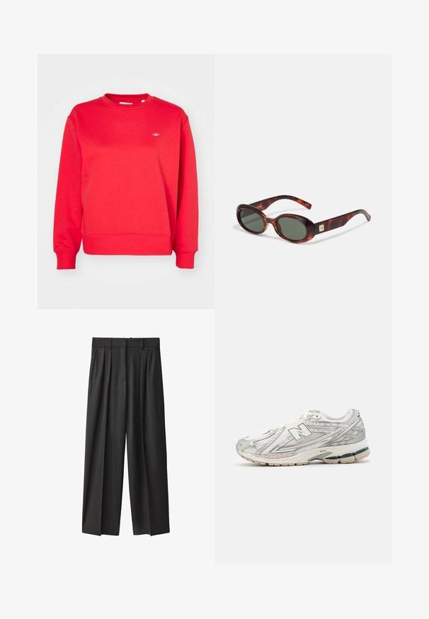 Rode katoenen sweatshirt met een ronde hals, lange mouwen, geribde boorden en zoom, voorzien van een klein logo op de borst.; Zwarte, wijde broek gemaakt van een gladde stof. Beschikt over een hoge taille, riemlussen en plooien aan de voorkant voor extra structuur.; Hardloopschoenen met een zilver-witte mesh bovenkant en een groene accent. De zool is dik en gestructureerd, ontworpen voor demping en ondersteuning.; Schildpadbril met donkere lenzen, ovale vorm en brede armen. Voorzien van een kleine gouden accent aan de zijkant. Glad plastic materiaal.