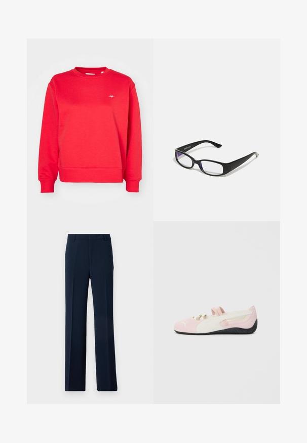 Sweatshirt din bumbac roșu, cu guler rotund, mâneci lungi, manșete și tiv cu nervuri, având un mic detaliu cu logo pe piept.; Pantaloni bleumarin din material neted, cu un design drept, dotat cu pliuri frontale și buzunare laterale pentru un aspect elegant.; Pantofle roz din suede, cu accente albe, talpă din cauciuc și curele elastice. Prezintă un design texturat și un logo mic în partea din față.; Ochelari dreptunghiulari negri cu lentile clare. Finisaj lucios, brațe înguste și nuanță purpurie vizibilă la marginea lentilelor.