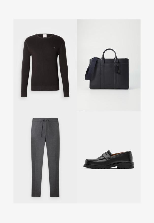 Calvin Klein WAFFLE TEXTURE SWEATER - Trui - black; Donkergrijze tapers met een elastische tailleband en trekkoord, met subtiele plooien aan de voorkant.; Zwarte leren instappers hebben een verhoogde naad, twee decoratieve banden op de bovenkant en een dikke, gestructureerde zool voor extra grip.; Donkerblauwe leren aktetas met dubbele bovenhandgrepen en een afneembare schouderband. Kenmerkt zich door een gestructureerde afwerking, verticale stiksels en een logo-detail.