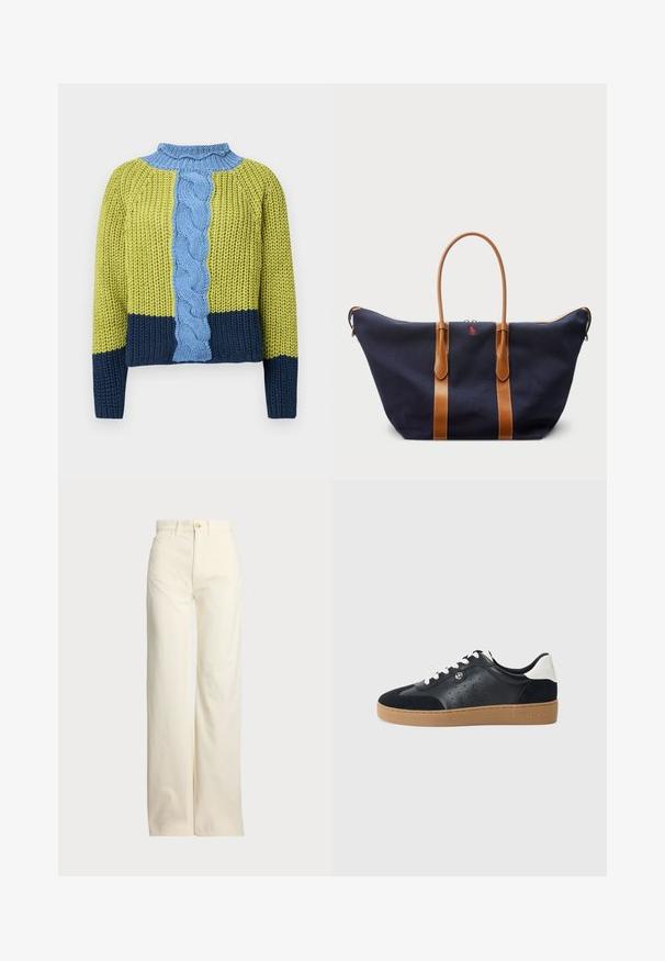 Gestrickter Pullover mit grünem Körper und navyblauen sowie blauen Streifen, einem gerippten Ausschnitt und einem zentralen geflochtenen Zopfmuster in Hellblau.; Polo Ralph Lauren COTTON CORDUROY WIDE-LEG PANT - Stoffhose - warm white; Schwarze Leder- und Wildledersneaker mit einer hellbraunen Gummisohle. Verfügt über weiße Schnürsenkel und kleine Perforationen an den Seiten. Michael Kors-Logo vorhanden.; Navyfarbener Baumwoll-Duffelbag mit hellbraunen Lederriemen, Reißverschluss und kleinen roten Logodetails auf der Vorderseite, der ein breites, geräumiges Design aufweist.