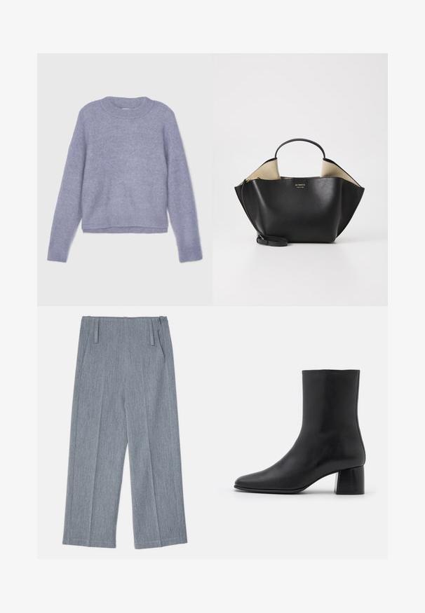 Filippa K FLUFFY - Camisola - thunderstorm; Calças largas de tom cinza claro, feitas de tecido texturizado, com dois pinceis frontais e dois bolsos laterais. Design limpo e bem cortado.; Botim de pele preta até ao tornozelo com biqueira pontiaguda e salto quadrado robusto. Textura suave com um design sem costuras e costura minimalista.; Ree Projects ANN TOTE MINI - Mala de mão - black