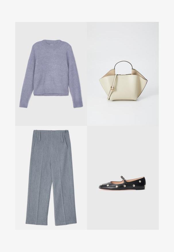 Filippa K FLUFFY - Pullover - thunderstorm; Pantalons larges gris clair en tissu texturé, avec deux plis avant et deux poches latérales. Design épuré et ajusté.; Chaussure plate en cuir noir type Mary Jane avec un bout arrondi, ornée de clous ronds en argent et dotée d'une sangle réglable avec une boucle.; Ree Projects ANN - Sac à main - beige