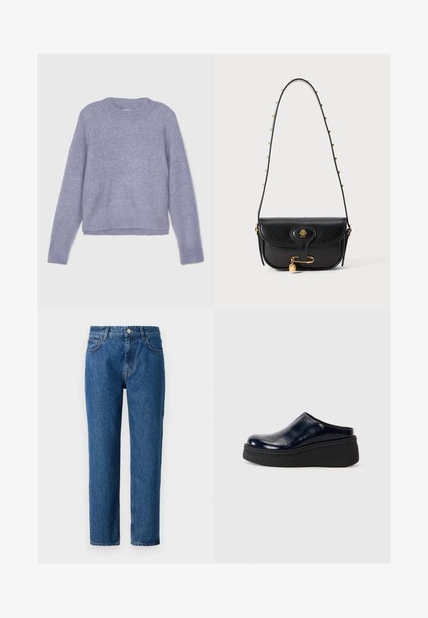 Filippa K FLUFFY - Jersey de punto - thunderstorm; Jeans de mezclilla azul con corte recto, con cierre de botón, lazos para cinturón y bolsillos delanteros. Hechos de un tejido de algodón texturizado.; Zueco de charol azul marino con un acabado suave, que cuenta con una gruesa suela de plataforma negra y costuras visibles a lo largo de la base.; Bolso de mano de piel negra con un diseño estructurado, que presenta un logo dorado, un acento de candado y una correa de hombro adornada con cadena.