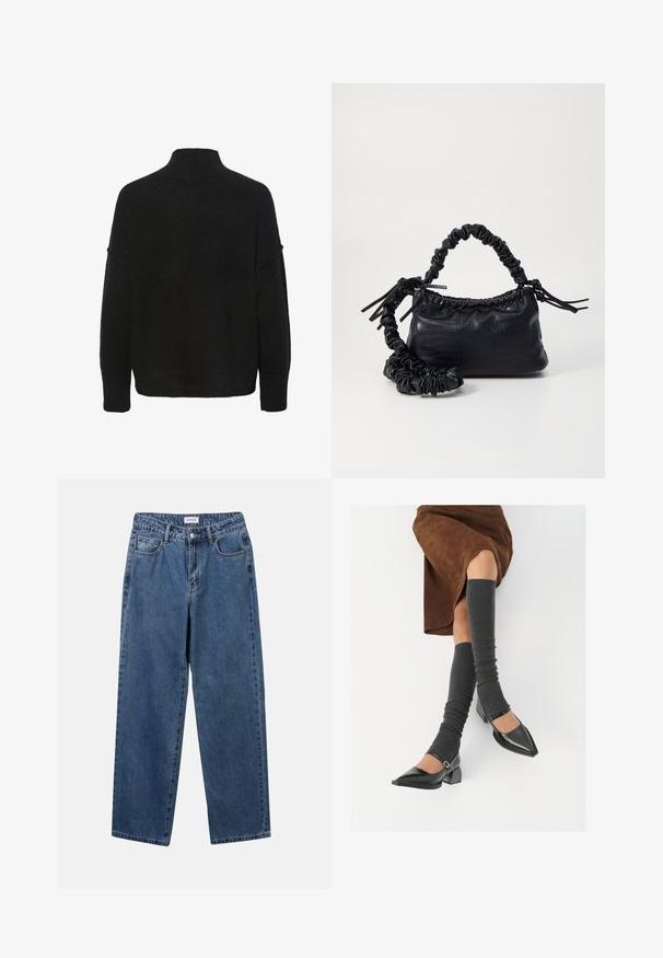 Črni pulover z visokim ovratnikom, ohlapen kroj in širokimi rokavi. Narejen iz mehke, teksturirane tkanine brez vidnih vzorcev ali okraskov.; Klasične modre jeans hlače s ravnim krojem, petimi žepi in gumbom za zapiranje. Imajo srednje pranje in trdno teksturo.; Črne lakirane čevlje s pointy prsti in blok peto ter z naramnicami za gleženj, ki jih kombiniramo s sivimi rebrastimi nogavicami in rjavim suknjičem iz usnja.; Črna torbica iz umetnega usnja s krokodilovo teksturo, z zvitim vrhom in zmečkano naramico. Zdi se mehka in kompaktna v oblikovanju.