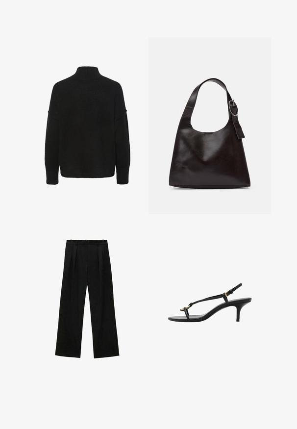 Pulover negru cu guler înalt, croială largă și mâneci largi. Fabricat din material moale, texturat, fără modele sau embellishments vizibile.; Pantaloni negri cu picioare largi și pliseuri, având o textură netedă și un design cu talie înaltă. Stil minimalist, fără accesorii sau detalii vizibile.; Sandal cu toc kitten din piele neagră, cu curele subțiri, cataramă aurie și buclă minimalistă pentru degetele de la picioare, pe un fundal alb.; Geantă de umăr din piele maro, cu o textură netedă, formă rotunjită, curea largă și un accent metallic circular pe mânere.
