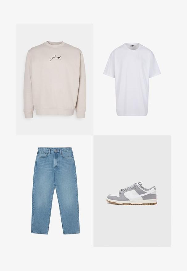 Bež pusaka, mis on valmistatud pehmest kangast, omab ümmargust kaelust, pikki varrukaid ja musta tikitud logo rinnal. Tavaline lõige.; Valge puuvillane t-särk lühikeste varrukatega, ümmarguse kaelusega, lõdva lõikega ja ilma nähtavate logodeta või mustriteta. Sile tekstuur ja minimaalne disain.; Heledad tumesinised lai jalgadega teksad kõrge vöökohtaga, millel on viis taskut, vöökohad ja pehme, kergelt pleekinud tekstuur.; Halli ja valge tennis鞋, millel on nubuk- ja nahkdetailid, ümar varvas, lamedad nöörid ning kummist tald, millel on kola aktsent.