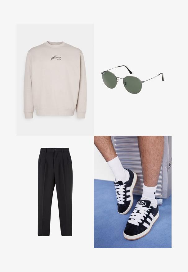 Bež majica sa dugim rukavima izrađena od mekog materijala ima okrugli izrez i crni izvezeni logo na grudima. Redovna kroja.; Crne hlače s nabranim prednjim dijelom, izrađene od glatkog materijala. Imaju zatvaranje na gumb i petlje za remen; ravne su krojen.; Crne nubuk tenisice s bijelim vezicama i tri bijele pruge. Imaju kružni crni logo na jeziku i gumeni potplat.; Naočale s metalnim okvirom i ovalnim zelenim staklima. Tanka srebrna metalna konstrukcija i crni silikonski jastučići za uši. Minimalistički dizajn, bez vidljivih logotipa.