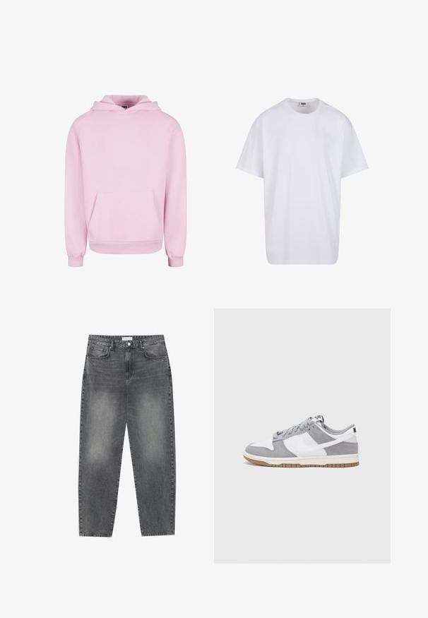 Sudadera rosa claro hecha de una tela suave. Cuenta con un bolsillo delantero tipo pouch, capucha con cordones y puños acanalados para un ajuste ceñido. Diseño simple.; Camiseta blanca de algodón con mangas cortas, cuello redondo, corte relajado y sin logotipos ni patrones visibles. Textura suave y diseño minimalista.; Jeans de cintura alta y corte holgado en denim negro desgastado. Con cinco bolsillos, pasadores para el cinturón y un diseño de pierna recta y limpia.; Zapatilla gris y blanca con parte superior de ante y cuero, puntera redondeada, cordones planos y suela de goma con un acento de goma.